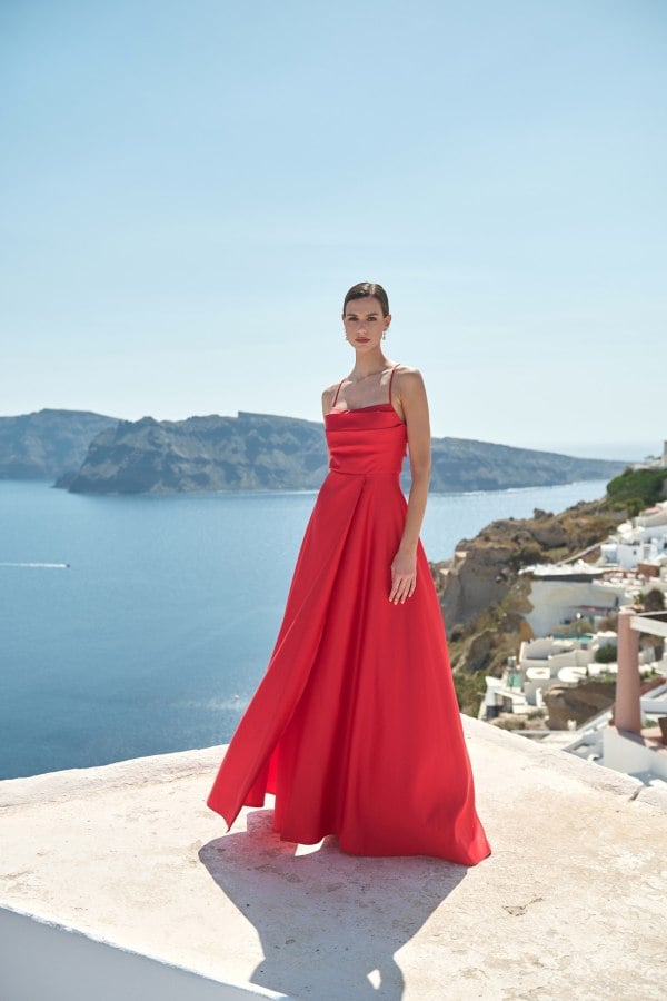 Maxi Φόρεμα Σατέν Με Κρουαζέ Φούστα Και Ανοιχτή Πλάτη Κόκκινο - Robin