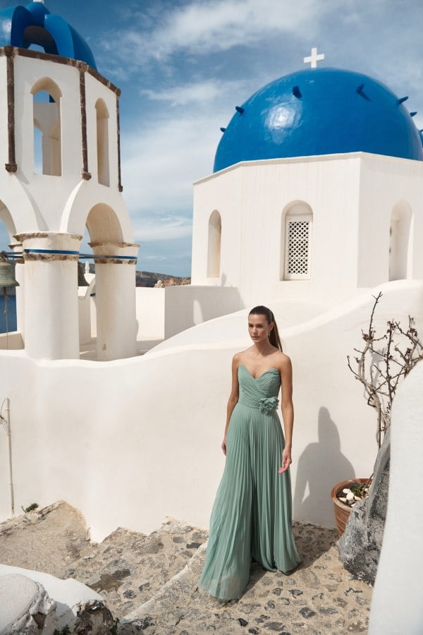 Τούλινο Strapless Φόρεμα Μακρύ Πλισέ με 3D Λουλούδι