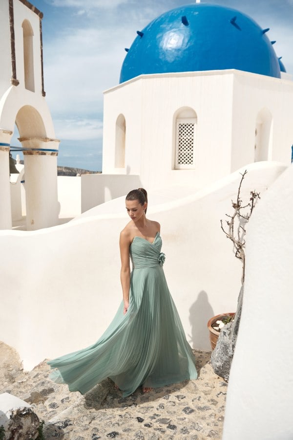 Τούλινο Strapless Φόρεμα Μακρύ Πλισέ με 3D Λουλούδι