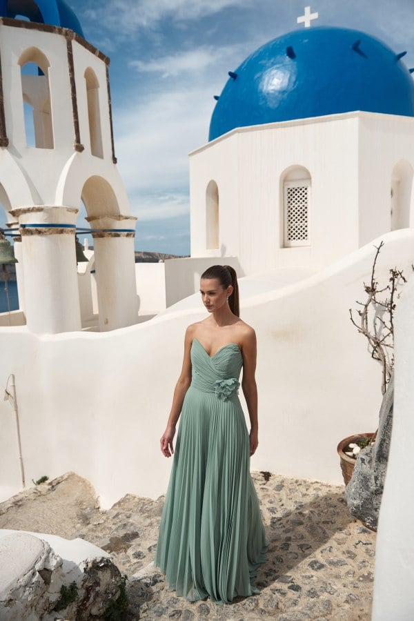 Τούλινο Strapless Φόρεμα Μακρύ Πλισέ με 3D Λουλούδι