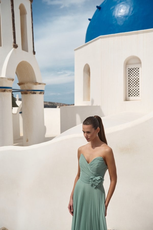 Τούλινο Strapless Φόρεμα Μακρύ Πλισέ με 3D Λουλούδι