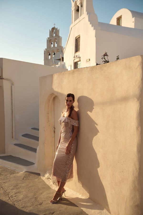 Elegant Φόρεμα Midi Off-Shoulder Με Παγιέτες